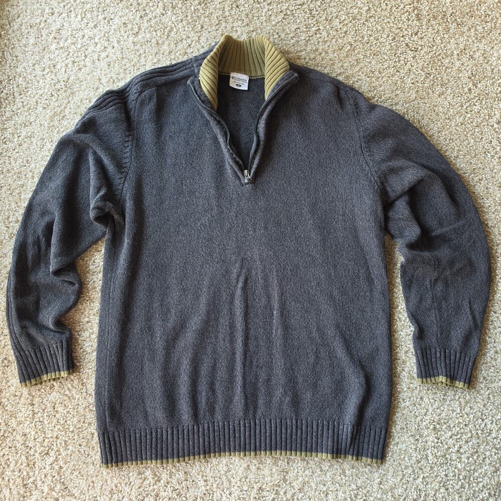 Columbia Sweater, Mens Medium, Gray Green, 1/4 Zip Pullover V-Neck